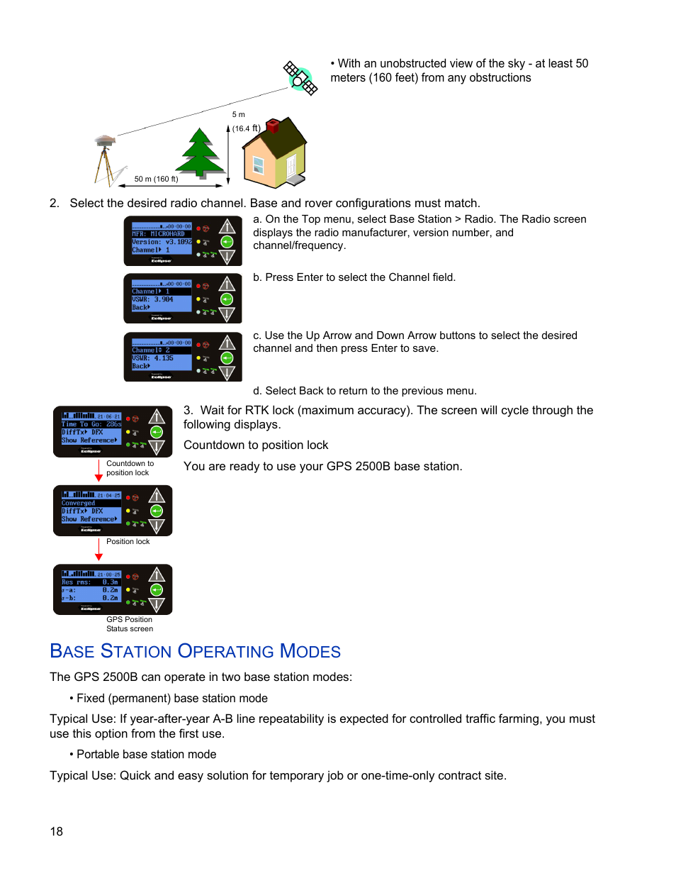 B. press enter to select the channel field, D. select back to return to the previous menu, Base station operating modes | Tation, Perating, Odes | Ag Leader GPS 2500/2500B Operators Manual User Manual | Page 24 / 46