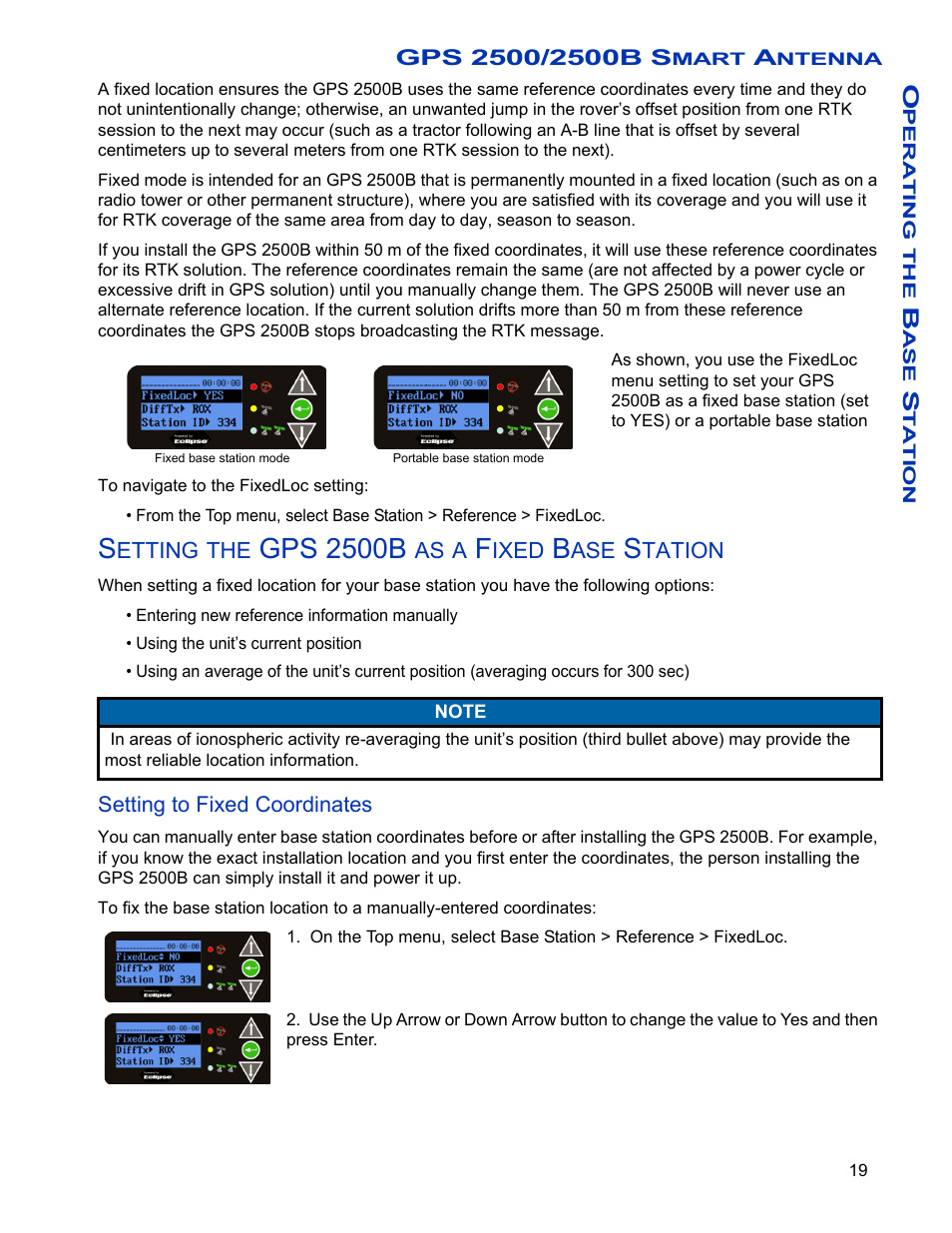 Setting the gps 2500b as a fixed base station, Setting to fixed coordinates, Gps 2500b | Ag Leader GPS 2500/2500B Operators Manual User Manual | Page 25 / 46