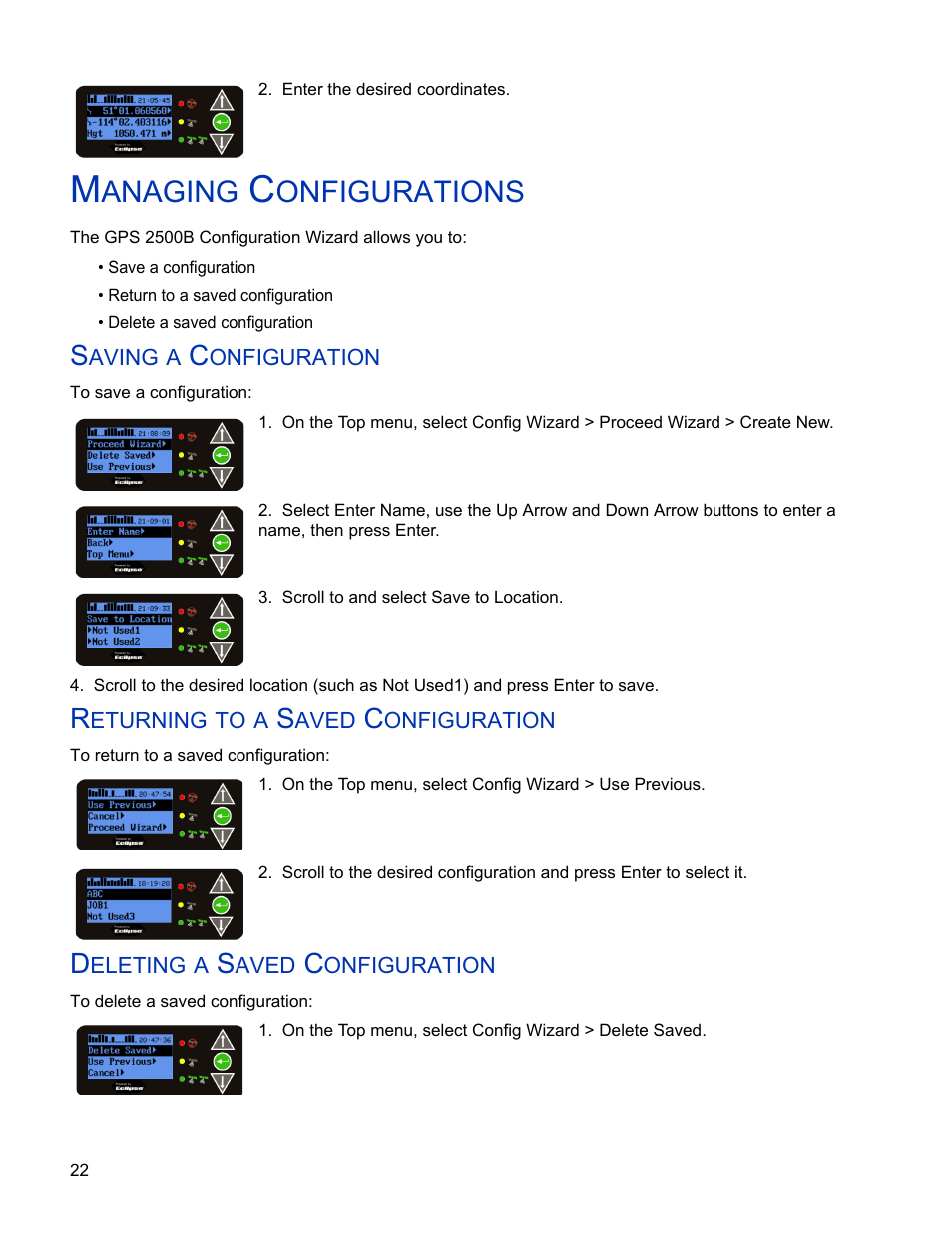 Managing configurations, Saving a configuration, Returning to a saved configuration | Deleting a saved configuration, Anaging, Onfigurations | Ag Leader GPS 2500/2500B Operators Manual User Manual | Page 28 / 46