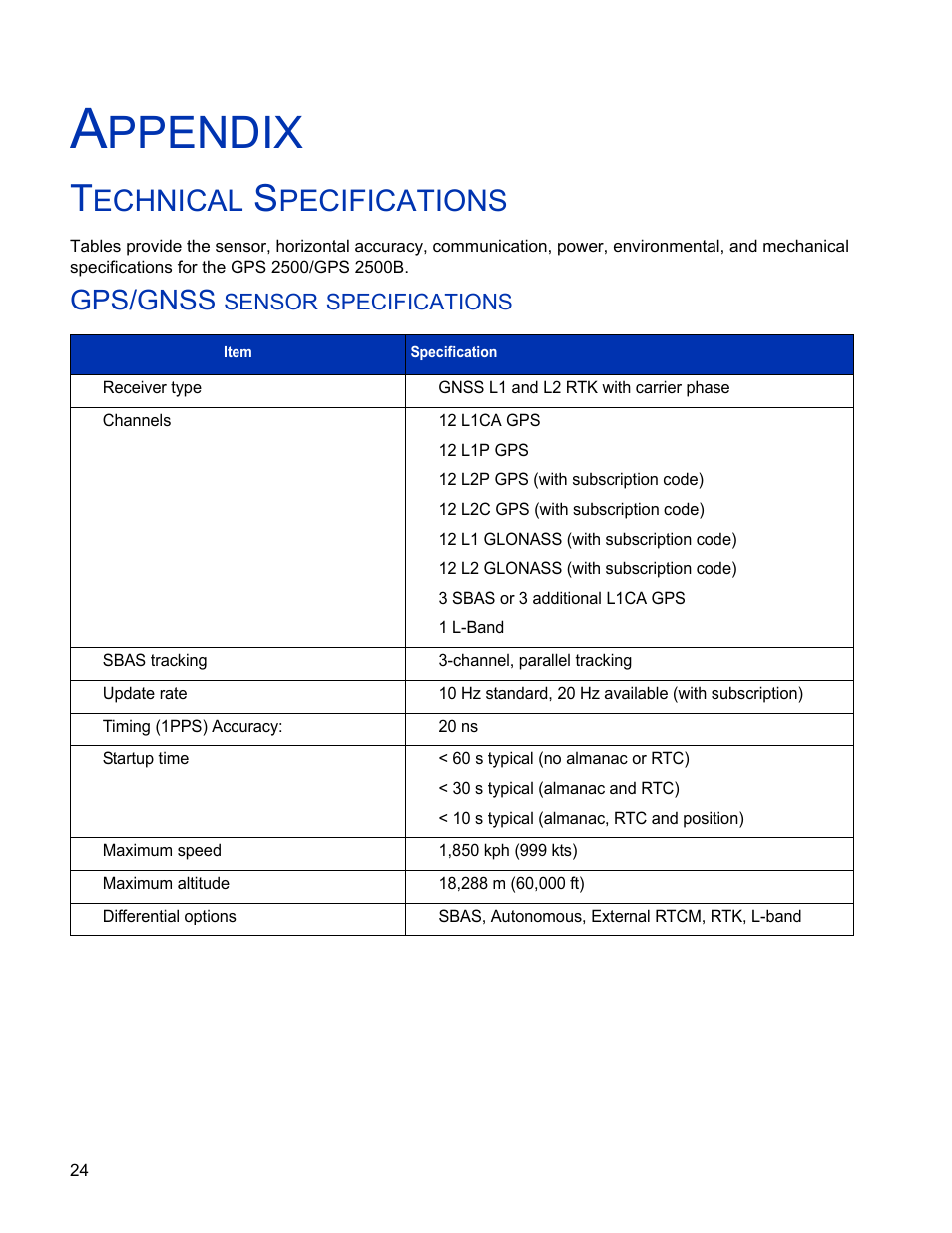 Appendix, Technical specifications, Gps/gnss sensor specifications | Gps 2500/gps 2500b, Ppendix, Echnical, Pecifications, Gps/gnss | Ag Leader GPS 2500/2500B Operators Manual User Manual | Page 30 / 46