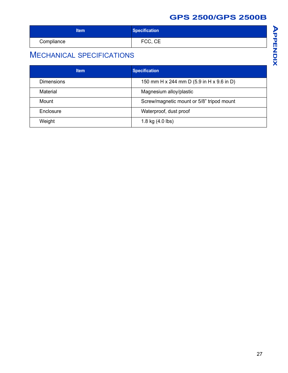 Mechanical specifications, Echanical, Specifications | Ag Leader GPS 2500/2500B Operators Manual User Manual | Page 33 / 46