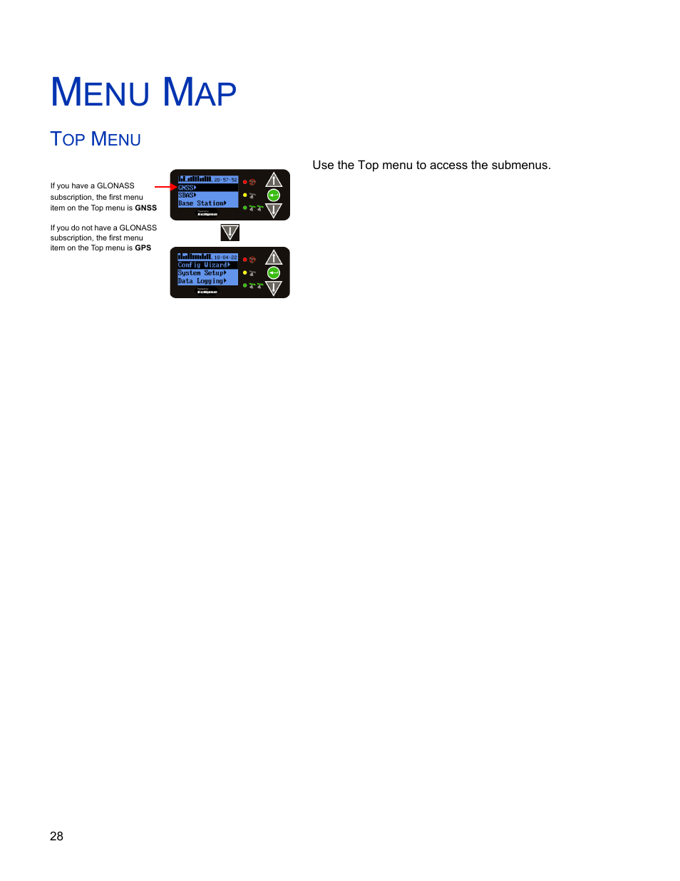Menu map, Top menu, Gps 2500b | Ag Leader GPS 2500/2500B Operators Manual User Manual | Page 34 / 46