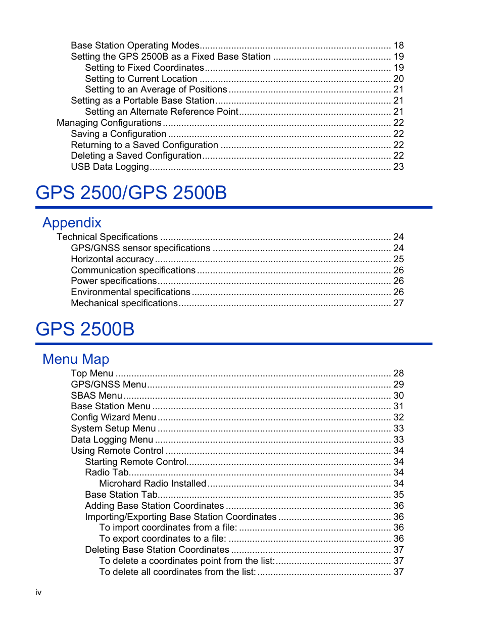 Gps 2500b, Appendix, Menu map | Ag Leader GPS 2500/2500B Operators Manual User Manual | Page 4 / 46