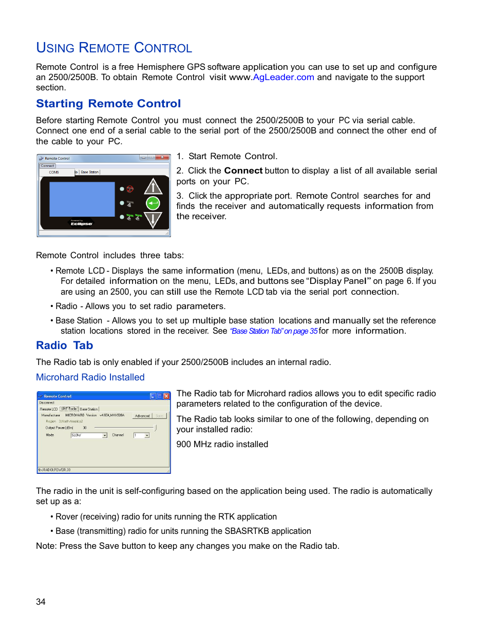 Using remote control, Starting remote control, Radio tab | Microhard radio installed, Starting remote control radio tab | Ag Leader GPS 2500/2500B Operators Manual User Manual | Page 40 / 46