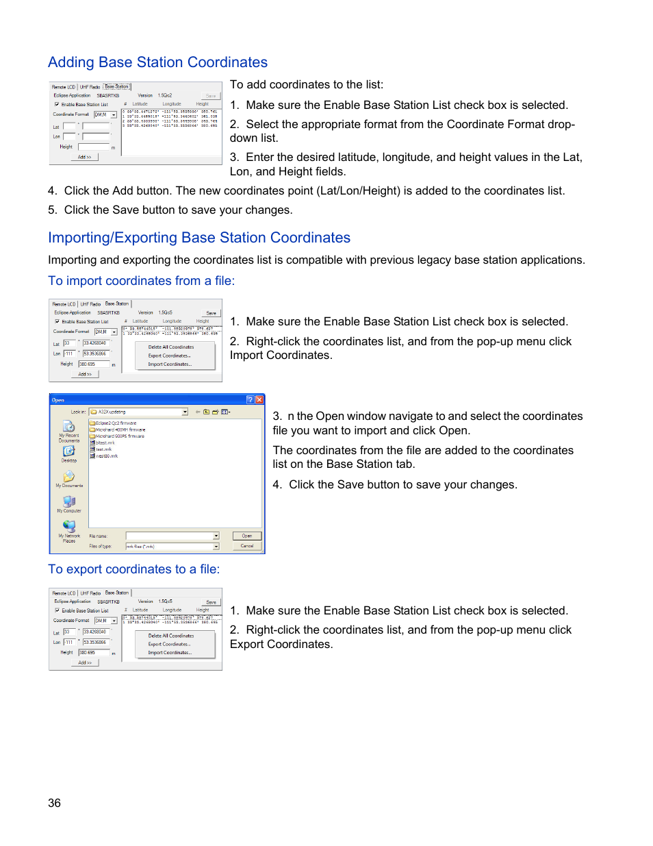 Adding base station coordinates, Importing/exporting base station coordinates, To import coordinates from a file | To export coordinates to a file | Ag Leader GPS 2500/2500B Operators Manual User Manual | Page 42 / 46