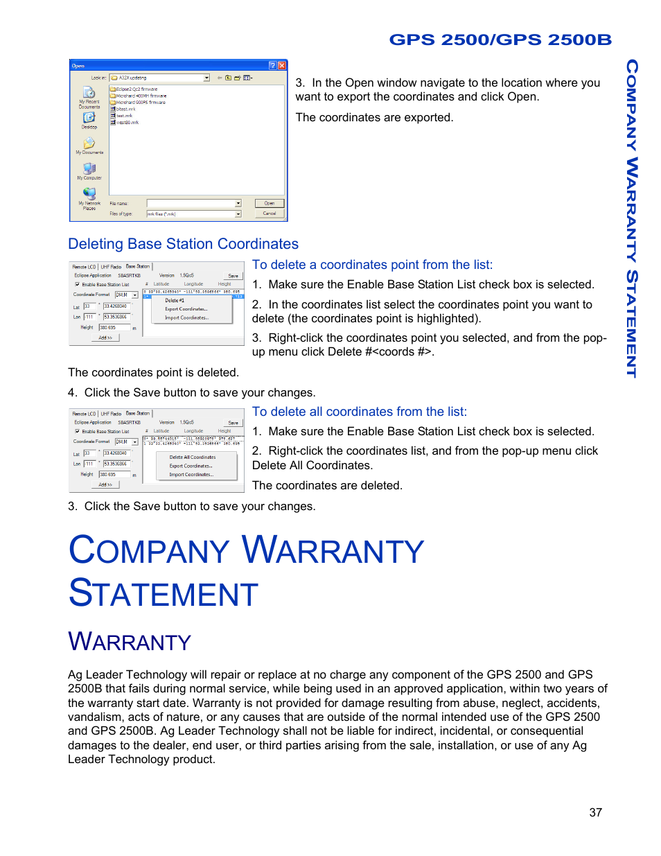 Deleting base station coordinates, To delete a coordinates point from the list, To delete all coordinates from the list | Company warranty statement, Warranty, Ompany, Arranty, Tatement | Ag Leader GPS 2500/2500B Operators Manual User Manual | Page 43 / 46