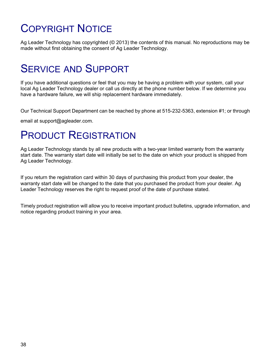Copyright notice, Service and support, Product registration | Ag Leader GPS 2500/2500B Operators Manual User Manual | Page 44 / 46