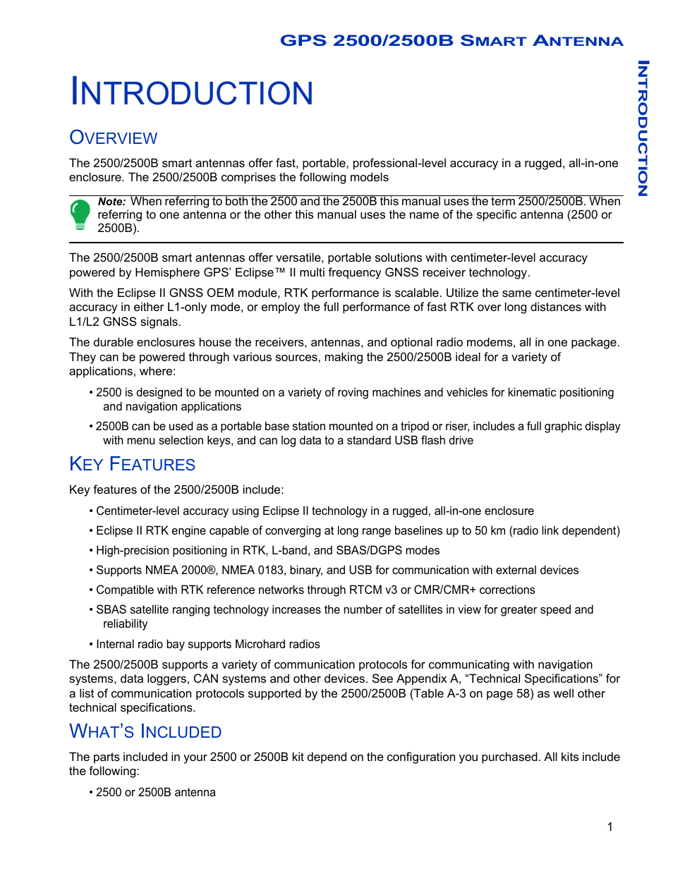 Introduction, Overview, Key features | What’s included, Gps 2500/2500b smart antenna, Overview key features what’s included, Ntroduction | Ag Leader GPS 2500/2500B Operators Manual User Manual | Page 7 / 46
