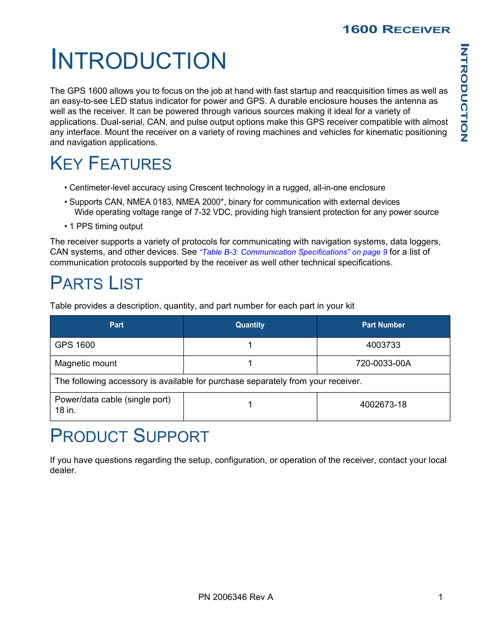 Introduction, Key features, Parts list | Product support, Key features parts list product support, Ntroduction, Eatures, Arts, Roduct, Upport | Ag Leader GPS 1600 Operators Manual User Manual | Page 5 / 16