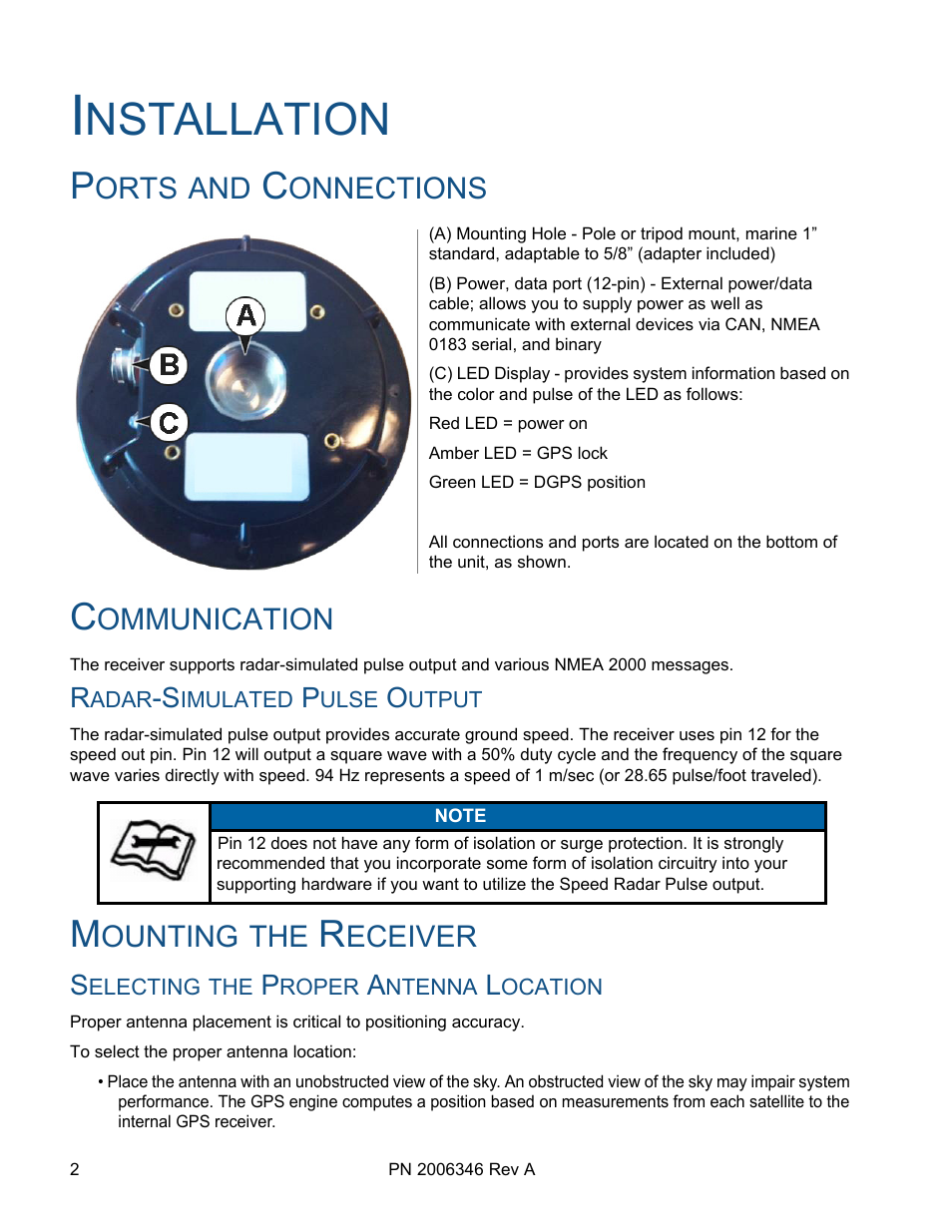 Installation, Ports and connections, Communication | Radar-simulated pulse output, Mounting the receiver, Selecting the proper antenna location, Ports and connections communication, Nstallation, Orts, Onnections | Ag Leader GPS 1600 Operators Manual User Manual | Page 6 / 16