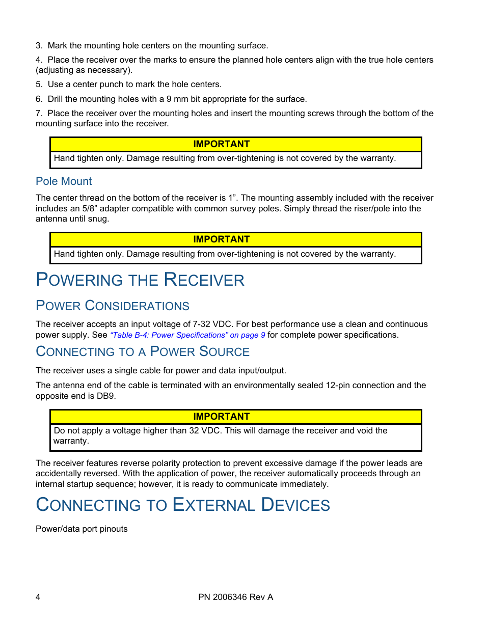 Pole mount, Powering the receiver, Power considerations | Connecting to a power source, Connecting to external devices, Power considerations connecting to a power source, Owering, Eceiver, Onnecting, Xternal | Ag Leader GPS 1600 Operators Manual User Manual | Page 8 / 16