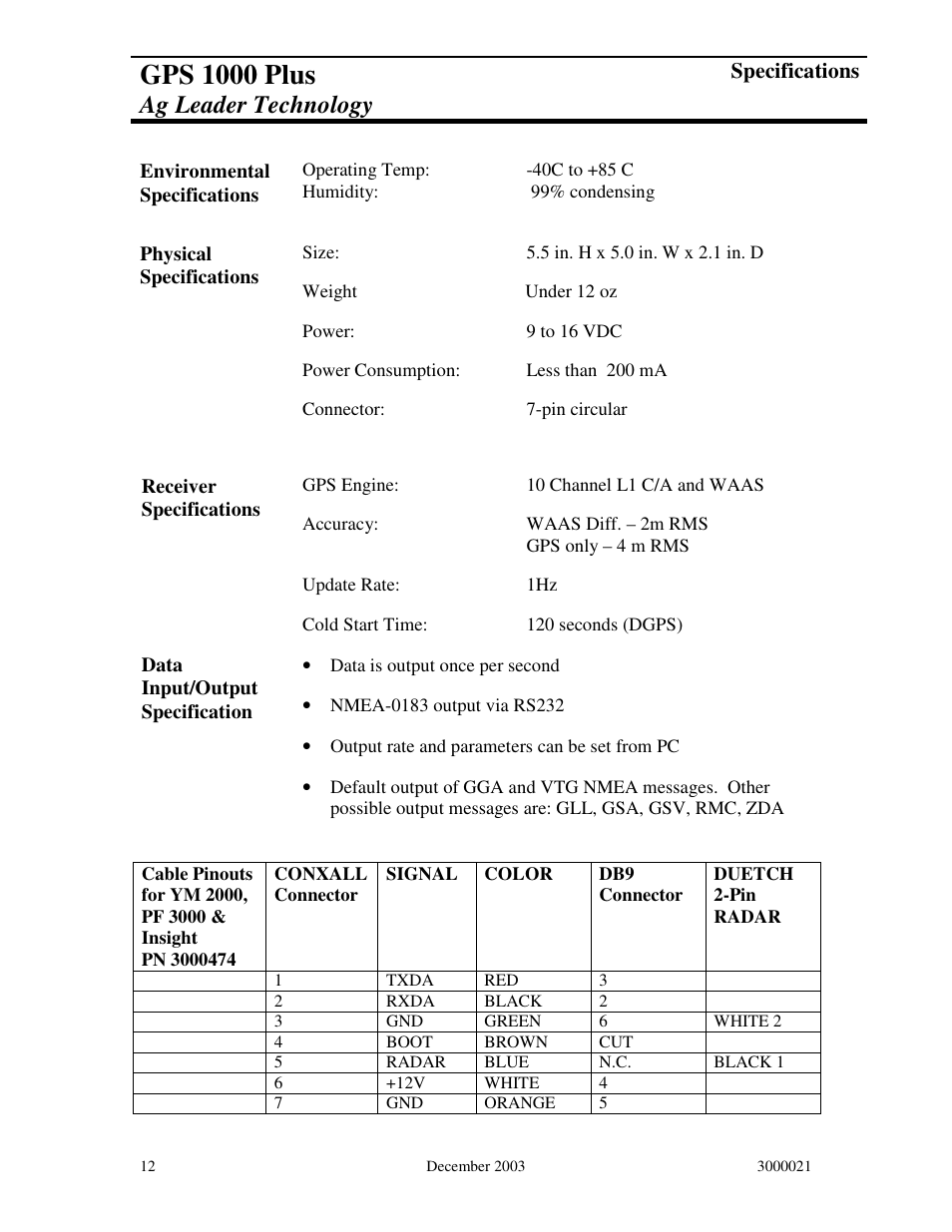 Gps 1000 plus, Ag leader technology, Specifications | Ag Leader GPS 1000 Plus Operators Manual User Manual | Page 14 / 21
