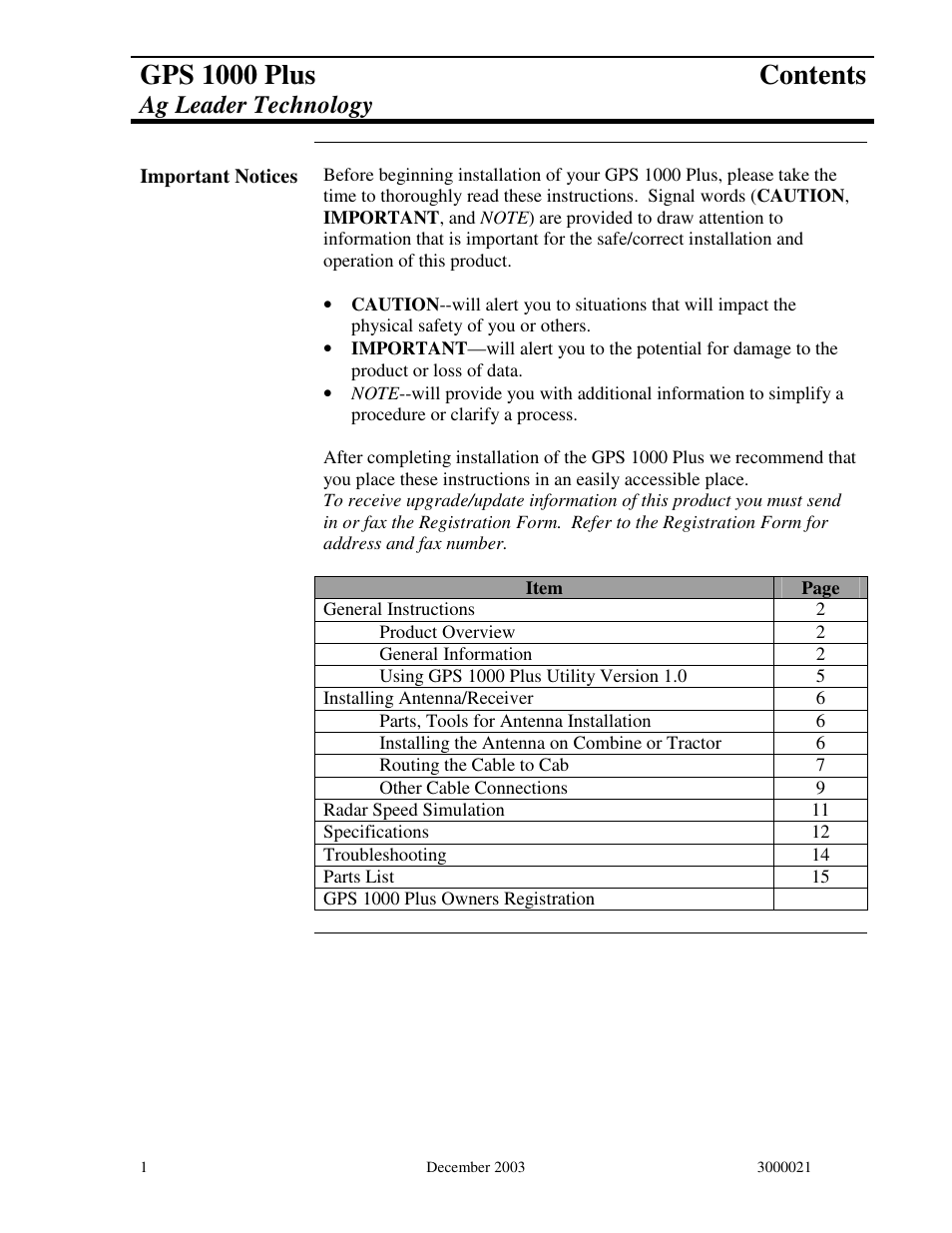 Gps 1000 plus contents, Ag leader technology | Ag Leader GPS 1000 Plus Operators Manual User Manual | Page 3 / 21