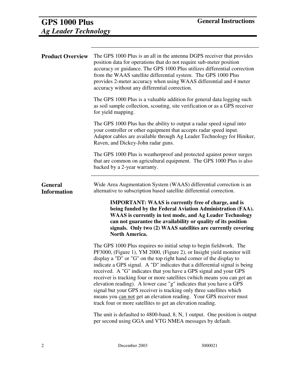 Gps 1000 plus, Ag leader technology | Ag Leader GPS 1000 Plus Operators Manual User Manual | Page 4 / 21