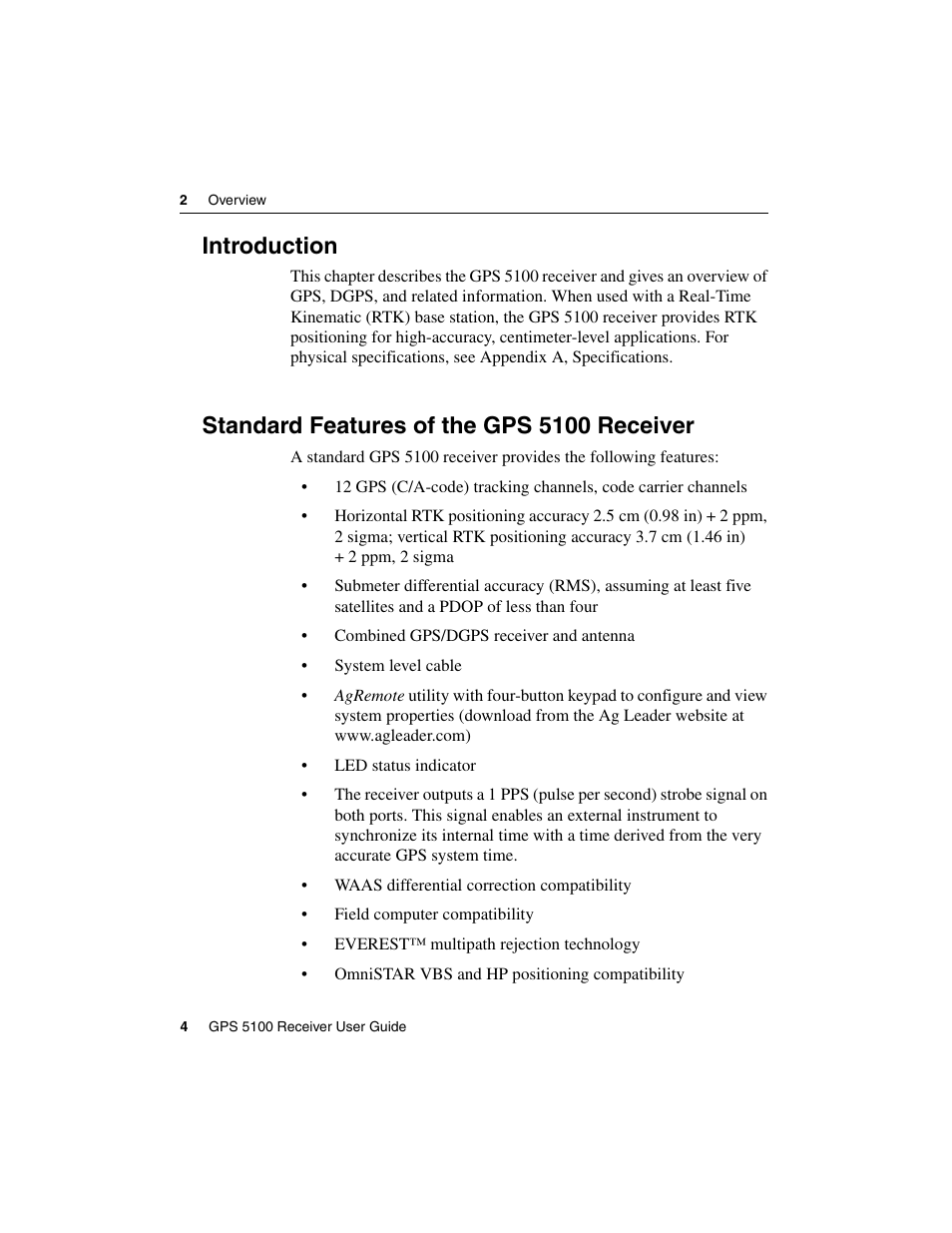 Introduction, Standard features of the gps 5100 receiver | Ag Leader GPS 5100 User Guide User Manual | Page 10 / 74
