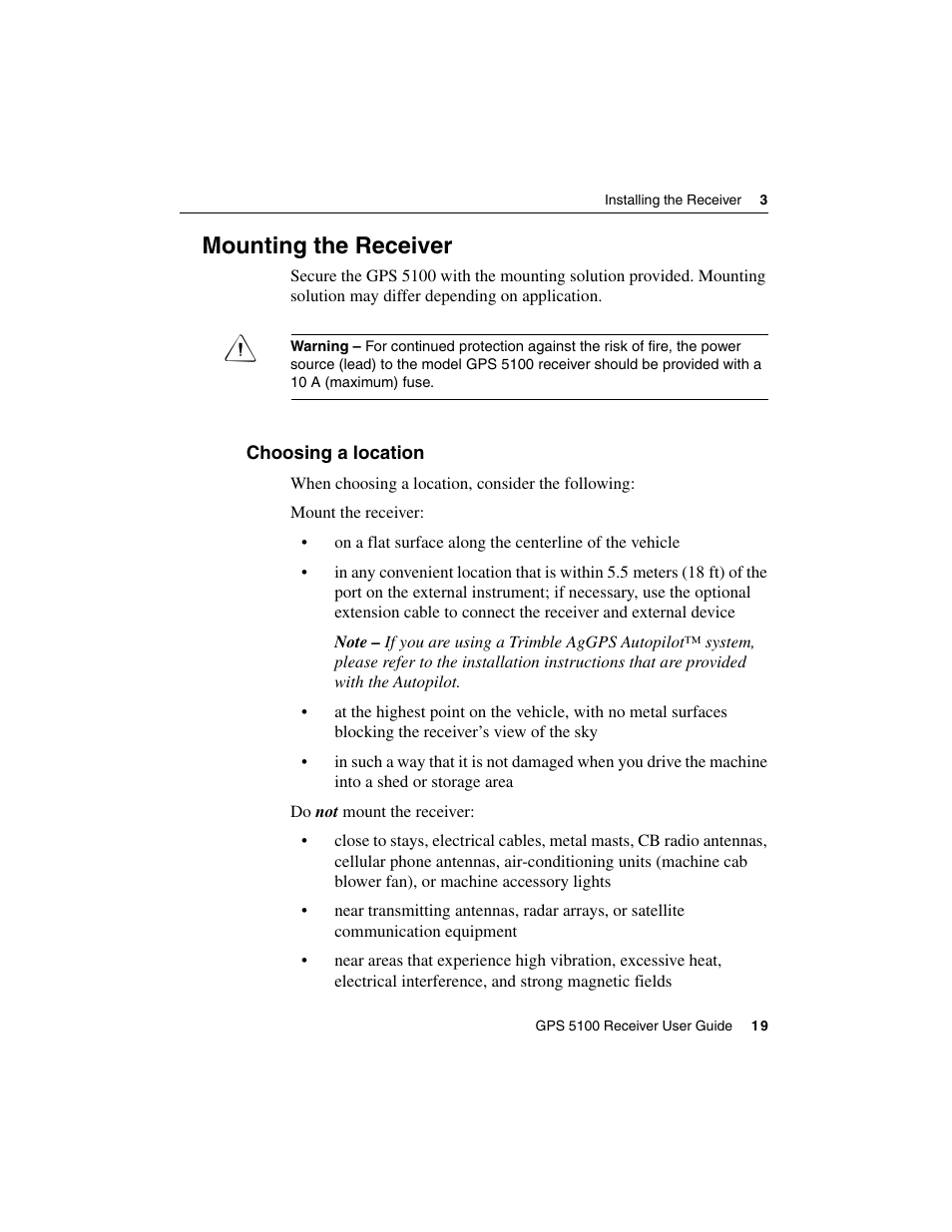 Mounting the receiver, Choosing a location | Ag Leader GPS 5100 User Guide User Manual | Page 25 / 74