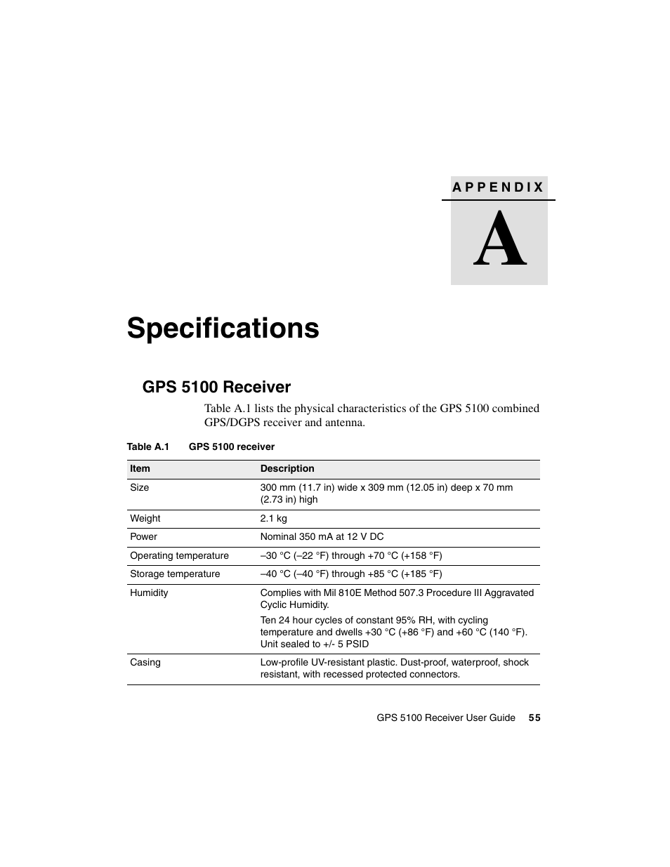Specifications, Gps 5100 receiver | Ag Leader GPS 5100 User Guide User Manual | Page 61 / 74