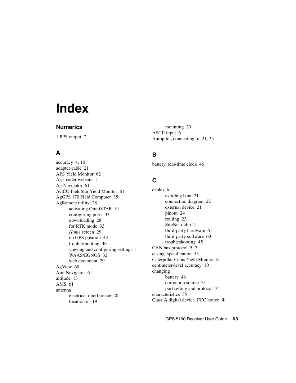 Index | Ag Leader GPS 5100 User Guide User Manual | Page 69 / 74