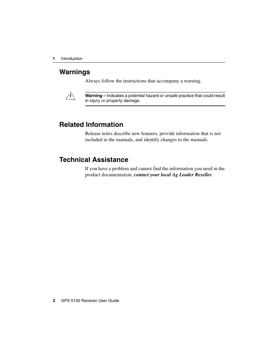 Warnings, Related information, Technical assistance | Warnings related information technical assistance | Ag Leader GPS 5100 User Guide User Manual | Page 8 / 74