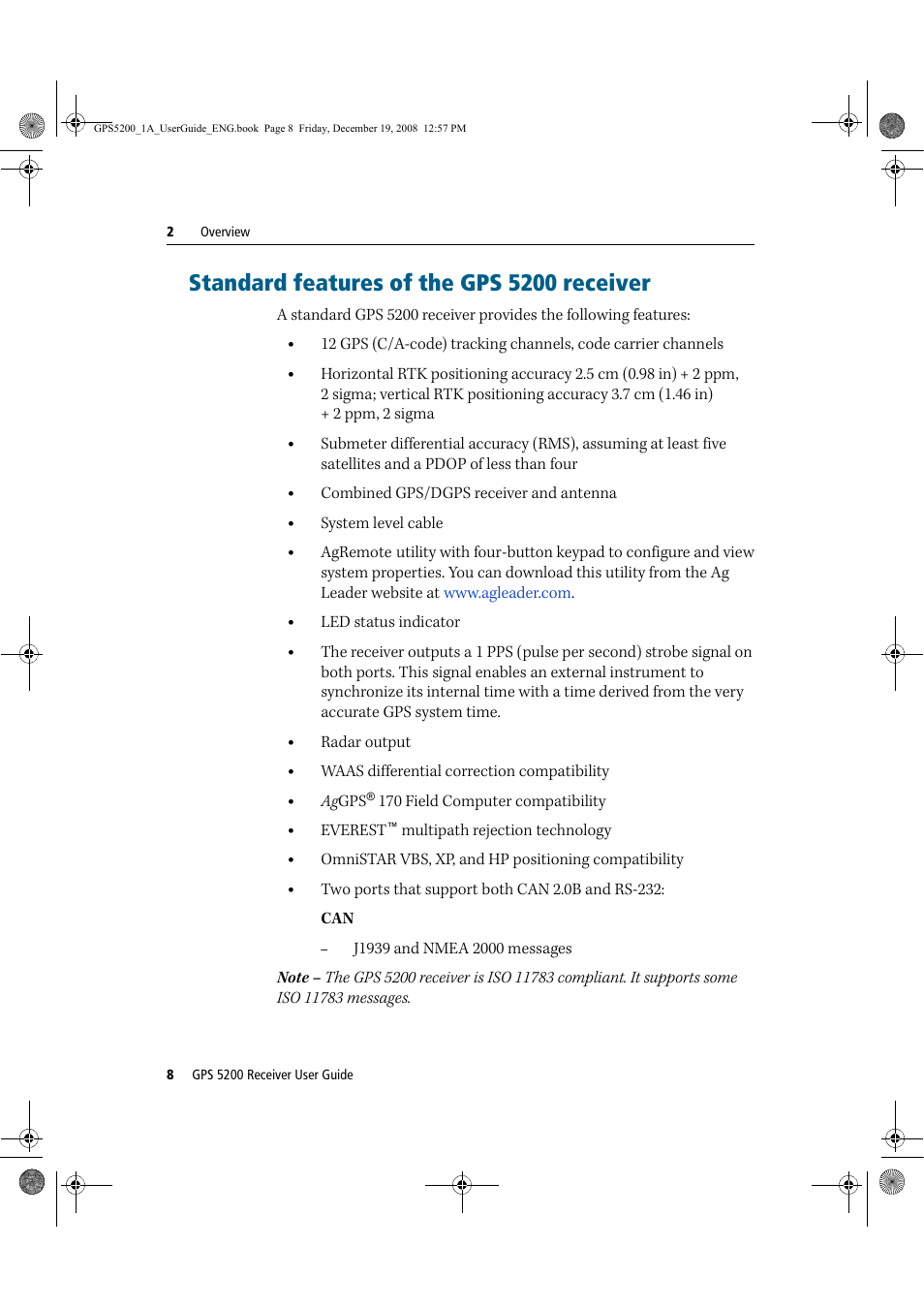Standard features of the gps 5200 receiver | Ag Leader GPS 5200 User Guide User Manual | Page 10 / 66