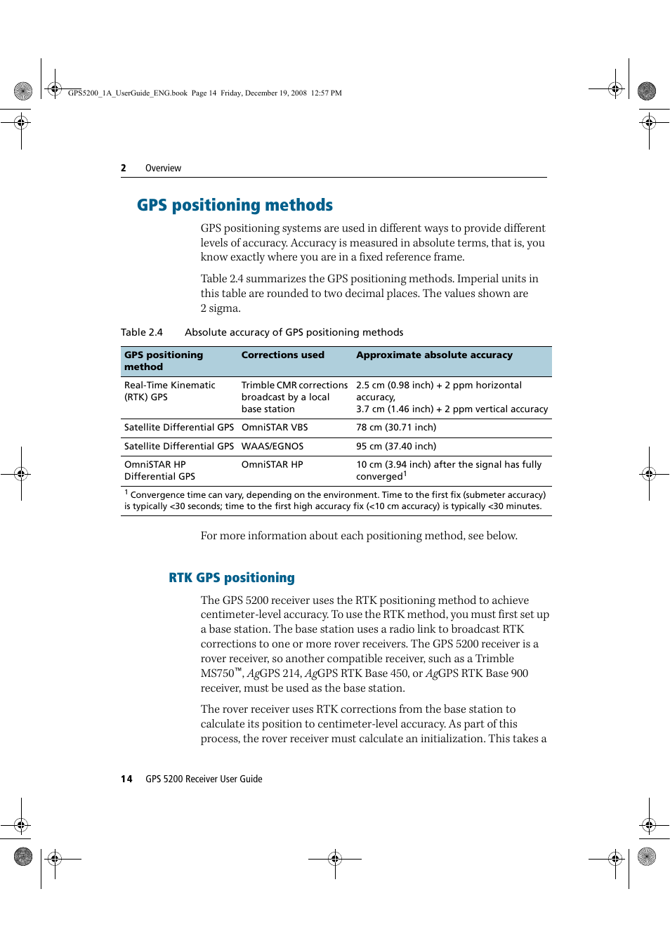 Gps positioning methods, Rtk gps positioning | Ag Leader GPS 5200 User Guide User Manual | Page 16 / 66