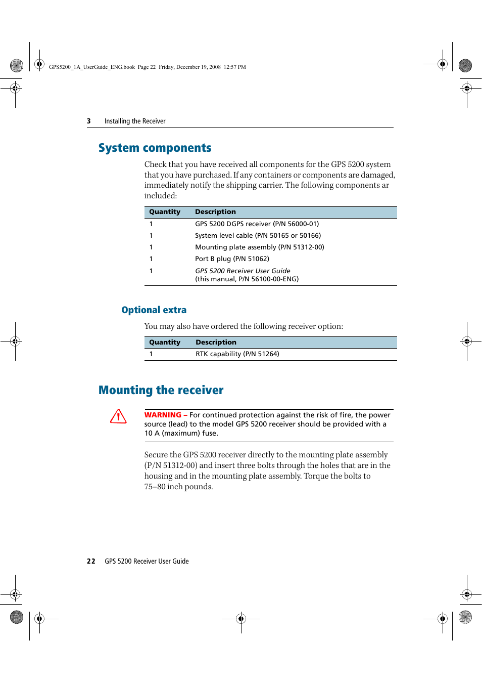 System components, Optional extra, Mounting the receiver | Ag Leader GPS 5200 User Guide User Manual | Page 24 / 66