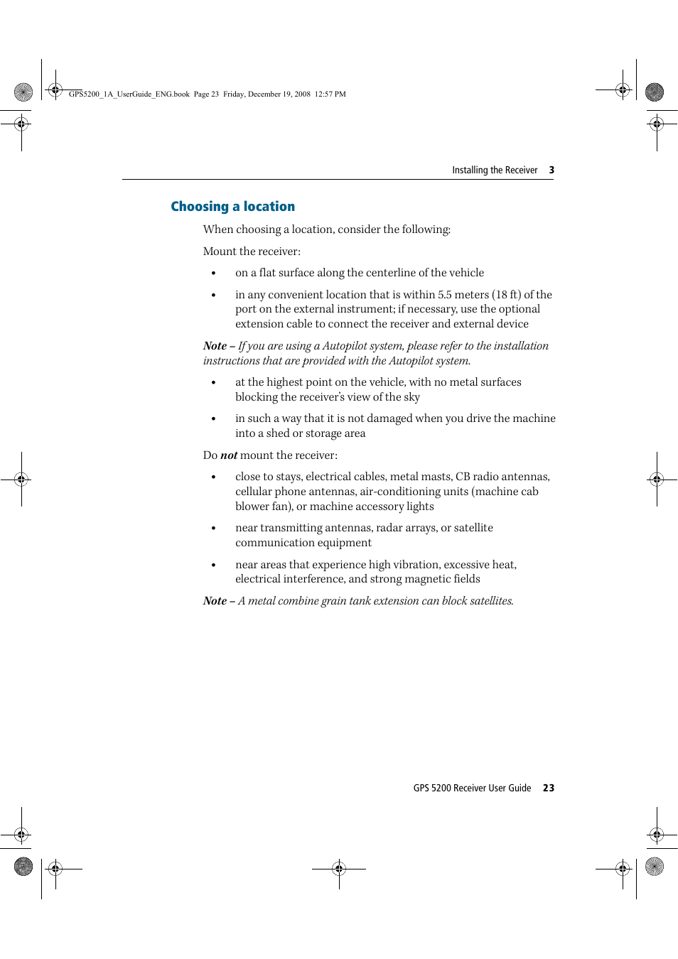 Choosing a location | Ag Leader GPS 5200 User Guide User Manual | Page 25 / 66