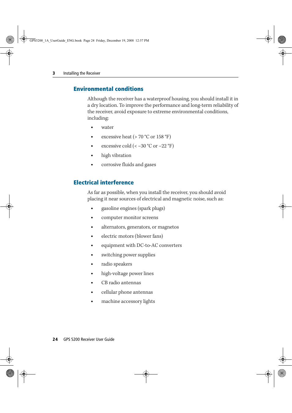 Environmental conditions electrical interference, Environmental conditions, Electrical interference | Ag Leader GPS 5200 User Guide User Manual | Page 26 / 66