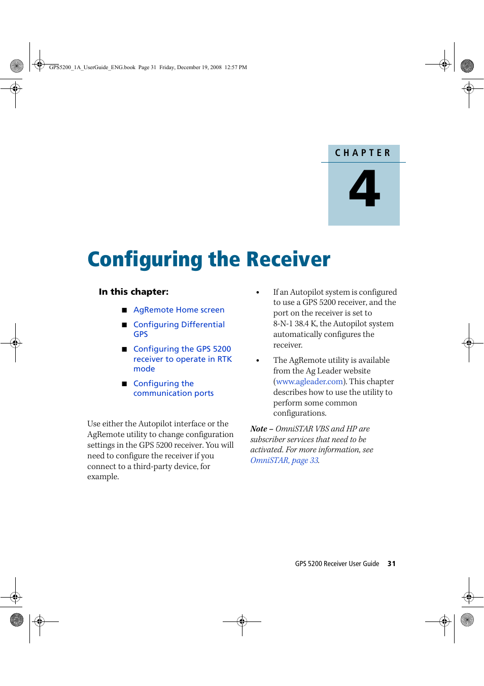 Configuring the receiver | Ag Leader GPS 5200 User Guide User Manual | Page 33 / 66