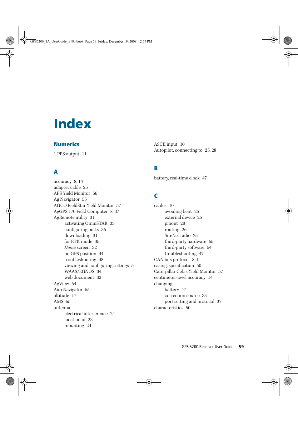 Index | Ag Leader GPS 5200 User Guide User Manual | Page 61 / 66