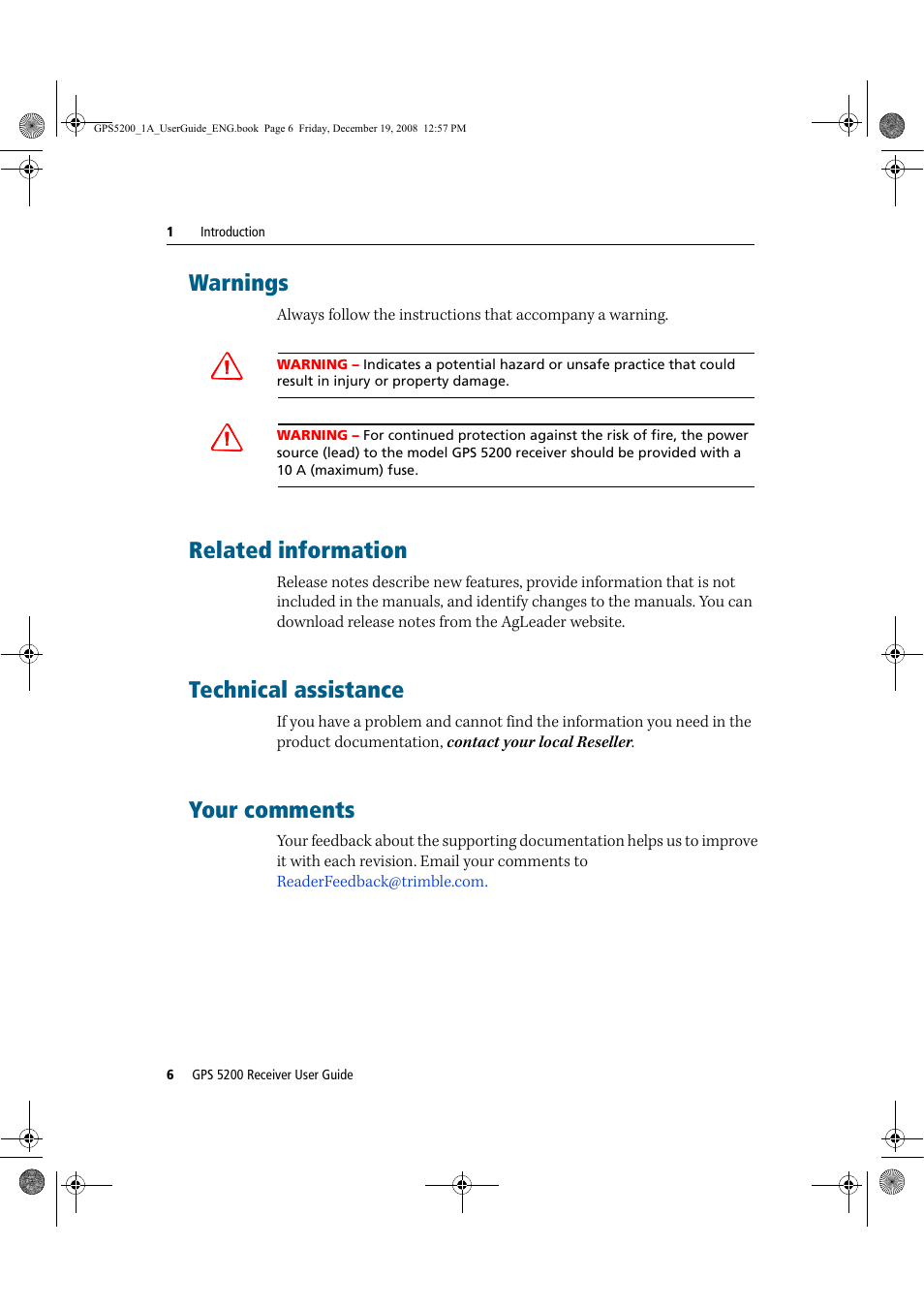 Warnings, Related information, Technical assistance | Your comments | Ag Leader GPS 5200 User Guide User Manual | Page 8 / 66