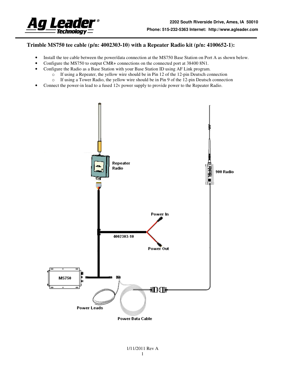 Ag Leader Trimble MS750 Base Station Tee Cable Instructions User Manual | 1 page