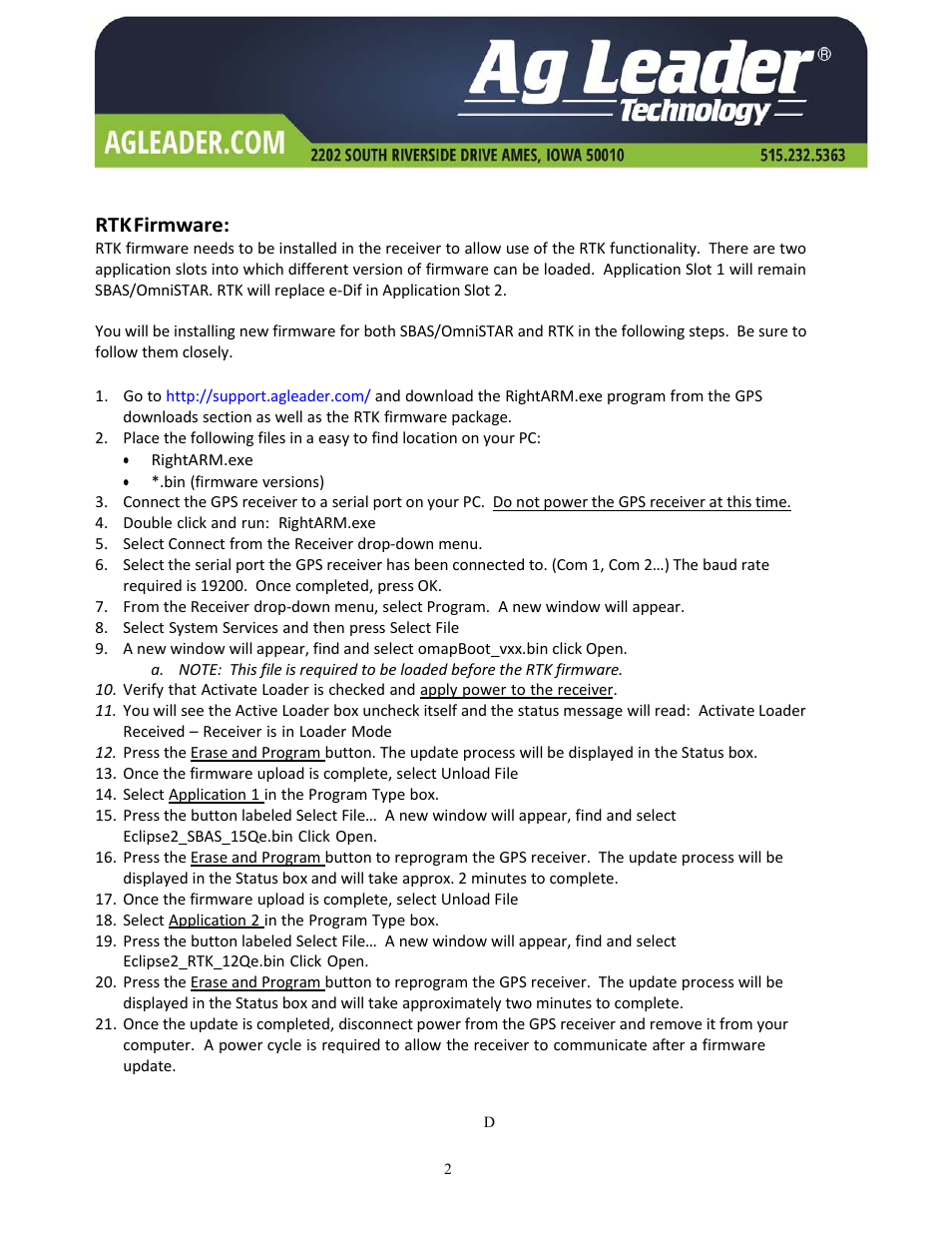 Rtk firmware | Ag Leader GPS 2500 Firmware Update Instructions User Manual | Page 2 / 6