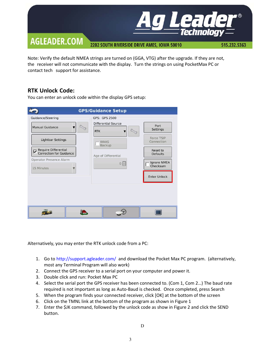 Rtk unlock code | Ag Leader GPS 2500 Firmware Update Instructions User Manual | Page 3 / 6