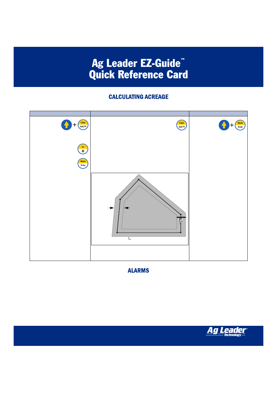 Calculating acreage, To toggle between confirm or cancel, press, When the desired option is displayed, press | Alarms, Ag leader ez-guide, Quick reference card | Ag Leader EZ-Guide Quick Reference Guide User Manual | Page 4 / 6