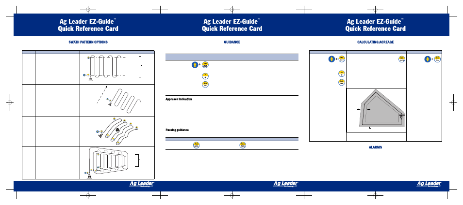 Ag leader ez-guide, Quick reference card, Swath pattern options | Guidance, Calculating acreage, Alarms | Ag Leader EZ-Guide Quick Reference Guide User Manual | Page 2 / 2