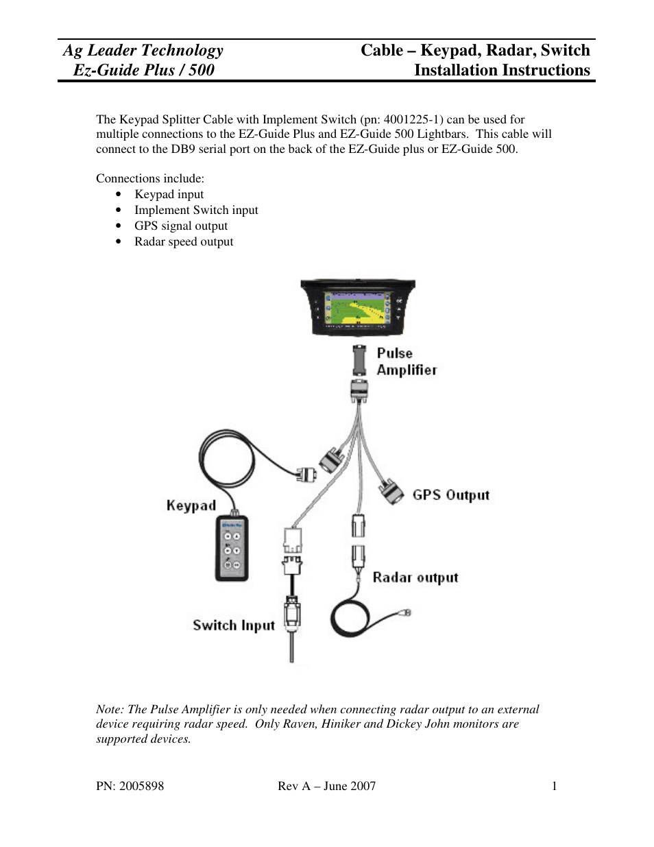 Ag Leader EZ-Guide Plus Cable – Keypad, Radar, Switch Installation User Manual | 5 pages