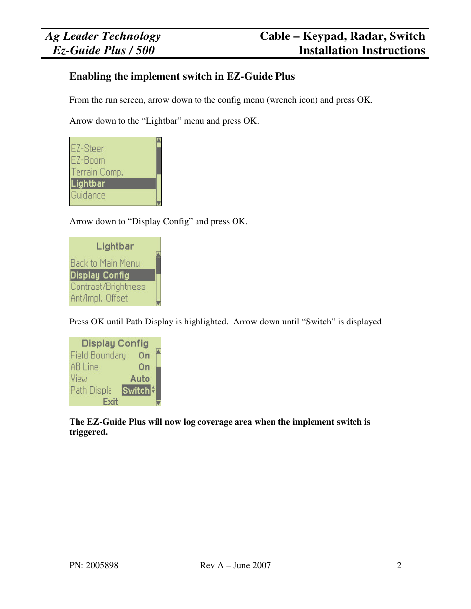 Ag Leader EZ-Guide Plus Cable – Keypad, Radar, Switch Installation User Manual | Page 2 / 5