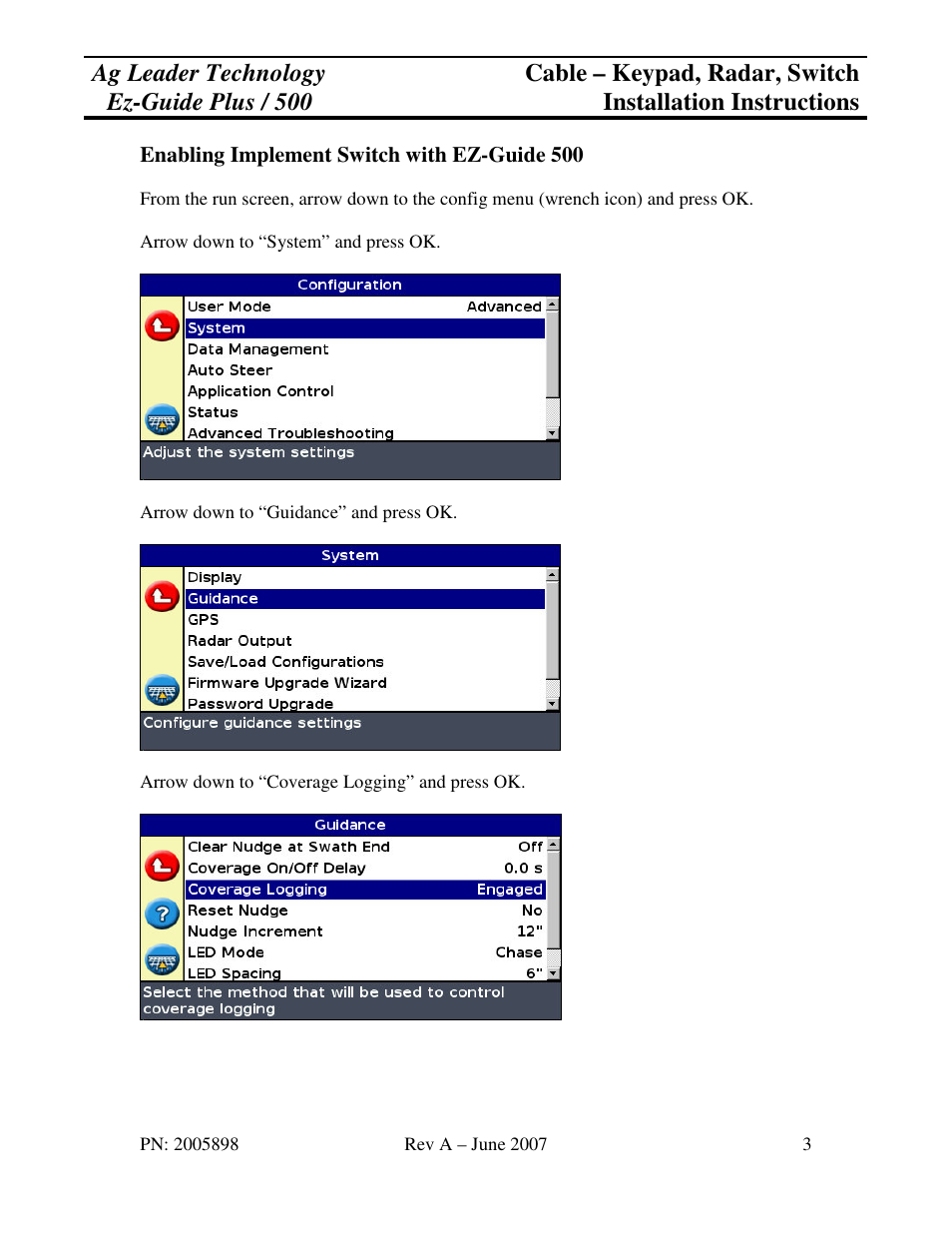 Ag Leader EZ-Guide Plus Cable – Keypad, Radar, Switch Installation User Manual | Page 3 / 5