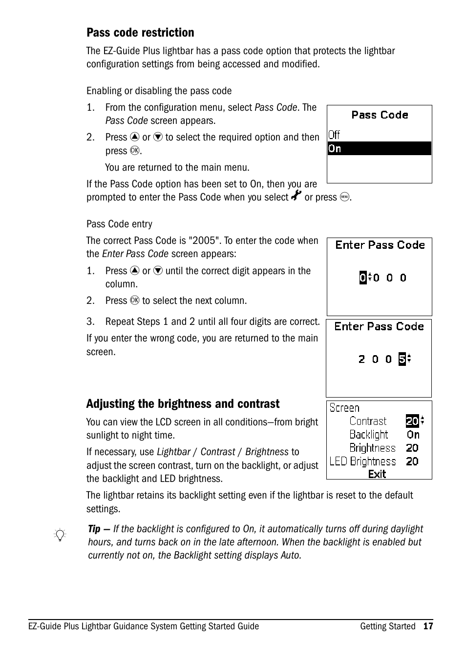 Pass code restriction, Adjusting the brightness and contrast | Ag Leader EZ-Guide Plus Getting Started Guide User Manual | Page 19 / 68