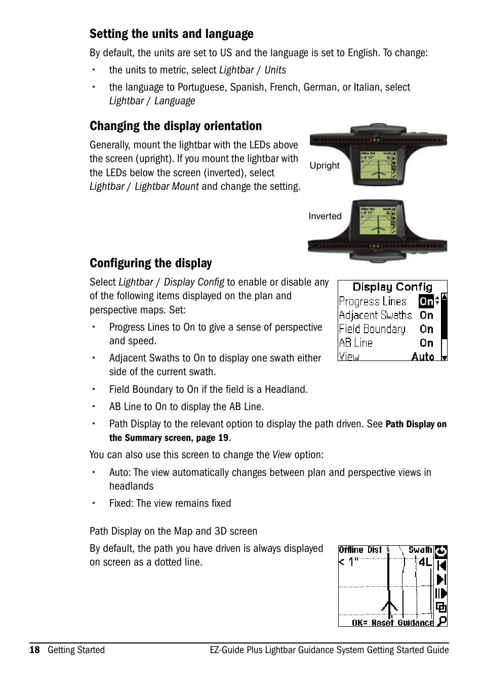 Setting the units and language, Changing the display orientation, Configuring the display | Ag Leader EZ-Guide Plus Getting Started Guide User Manual | Page 20 / 68