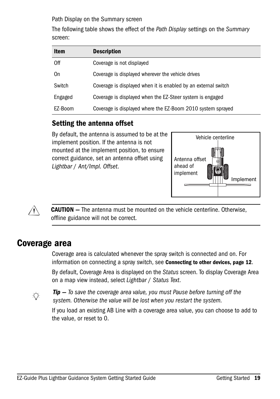 Setting the antenna offset, Coverage area | Ag Leader EZ-Guide Plus Getting Started Guide User Manual | Page 21 / 68