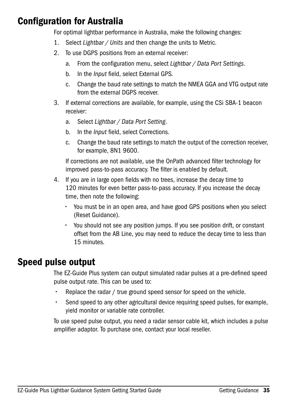 Configuration for australia, Speed pulse output | Ag Leader EZ-Guide Plus Getting Started Guide User Manual | Page 37 / 68