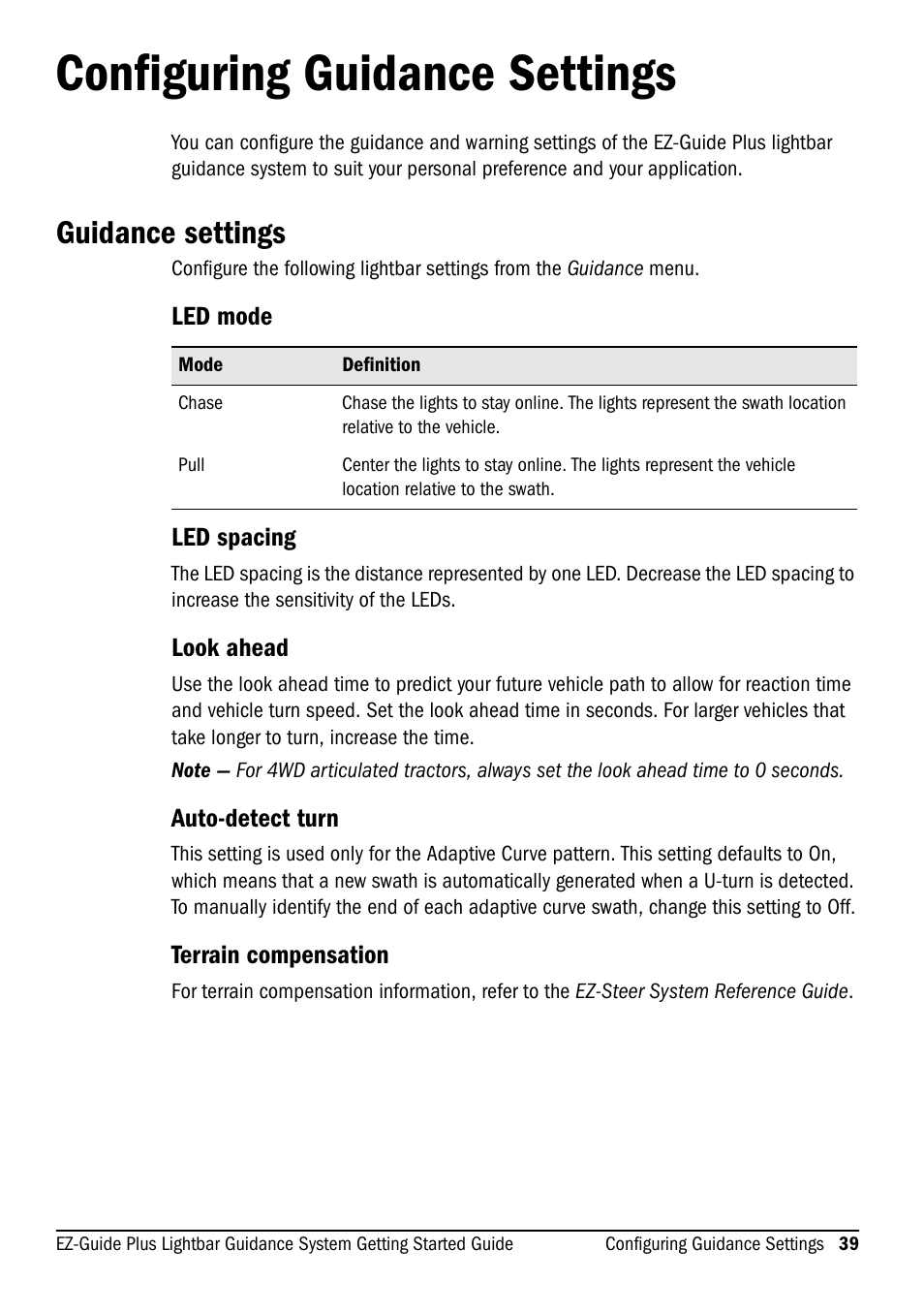 Configuring guidance settings, Guidance settings, Led mode | Led spacing, Look ahead, Auto-detect turn, Terrain compensation | Ag Leader EZ-Guide Plus Getting Started Guide User Manual | Page 41 / 68