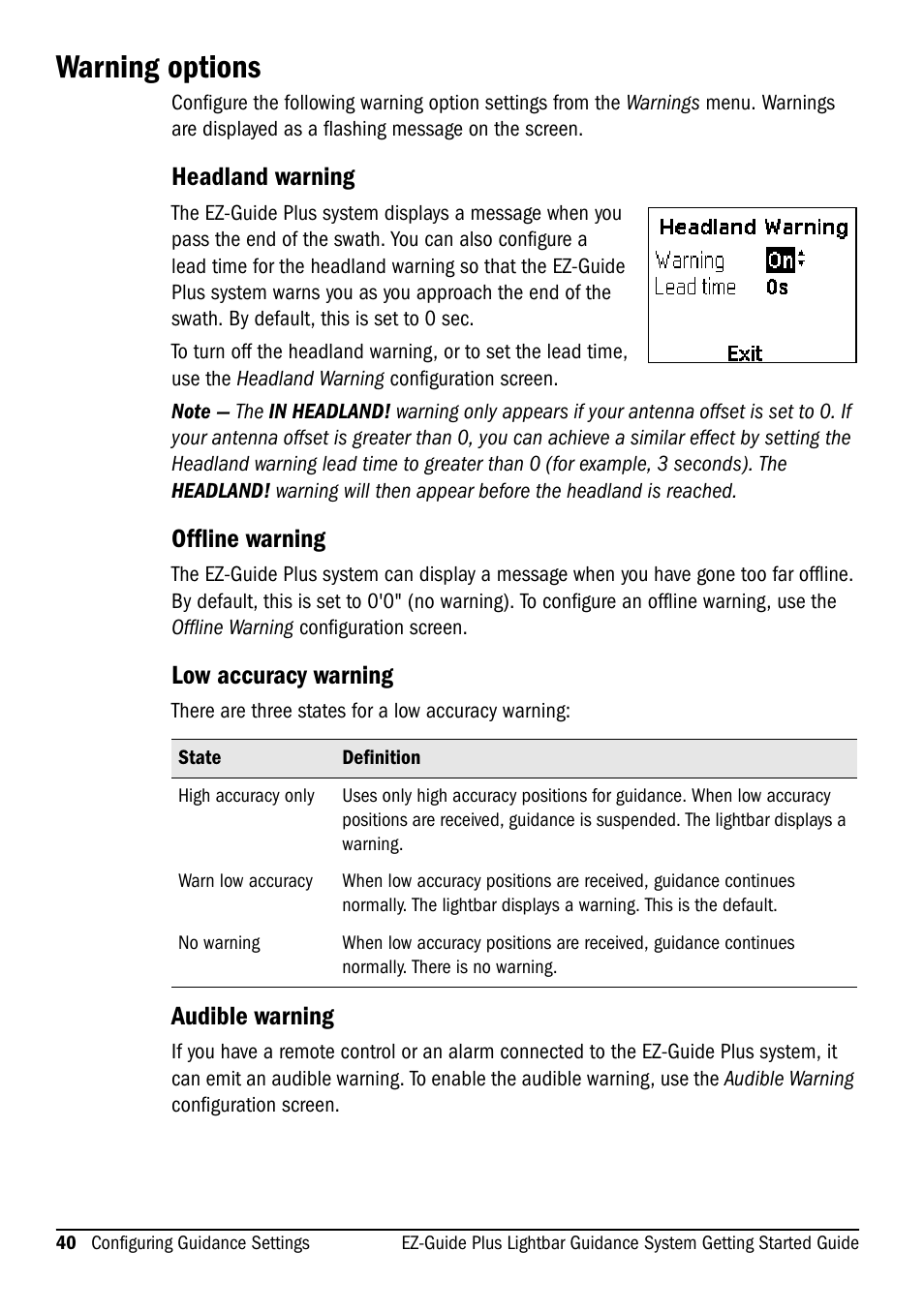 Warning options, Headland warning, Offline warning | Low accuracy warning, Audible warning | Ag Leader EZ-Guide Plus Getting Started Guide User Manual | Page 42 / 68