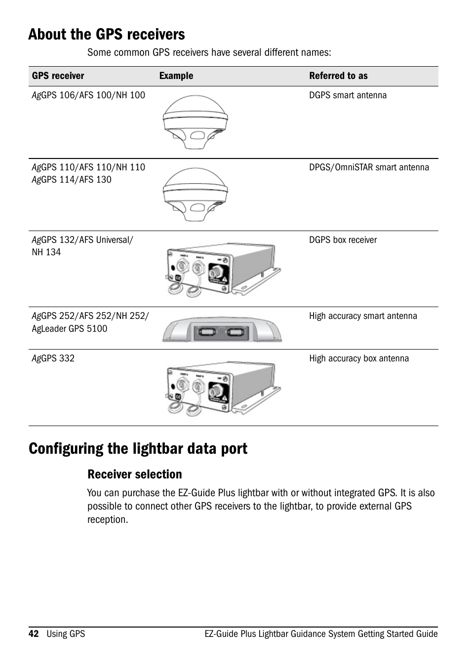 About the gps receivers, Configuring the lightbar data port, Receiver selection | Ag Leader EZ-Guide Plus Getting Started Guide User Manual | Page 44 / 68