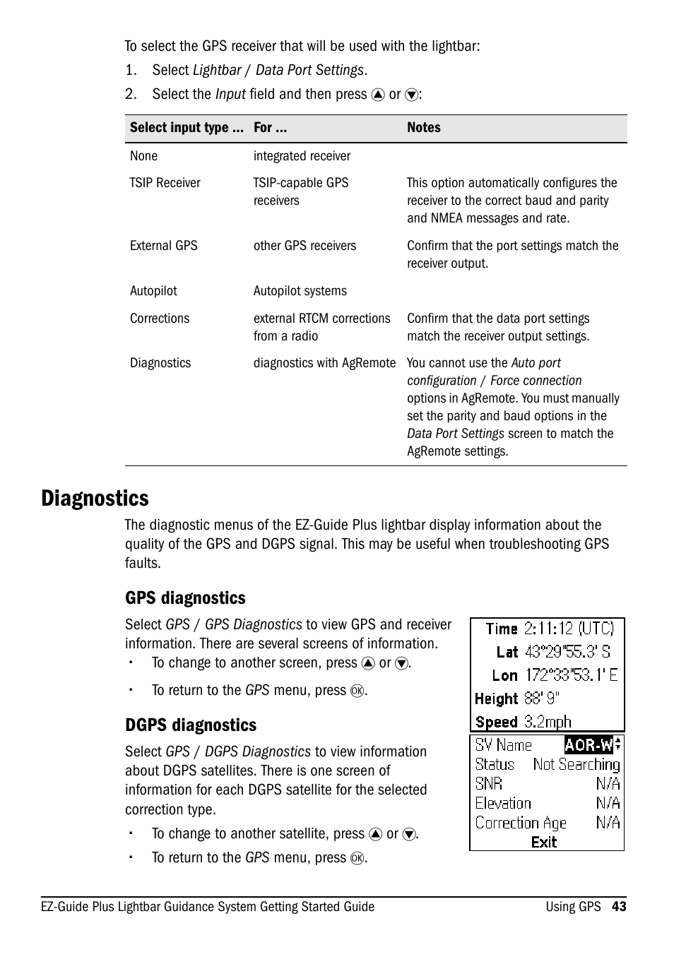 Diagnostics, Gps diagnostics, Dgps diagnostics | Ag Leader EZ-Guide Plus Getting Started Guide User Manual | Page 45 / 68