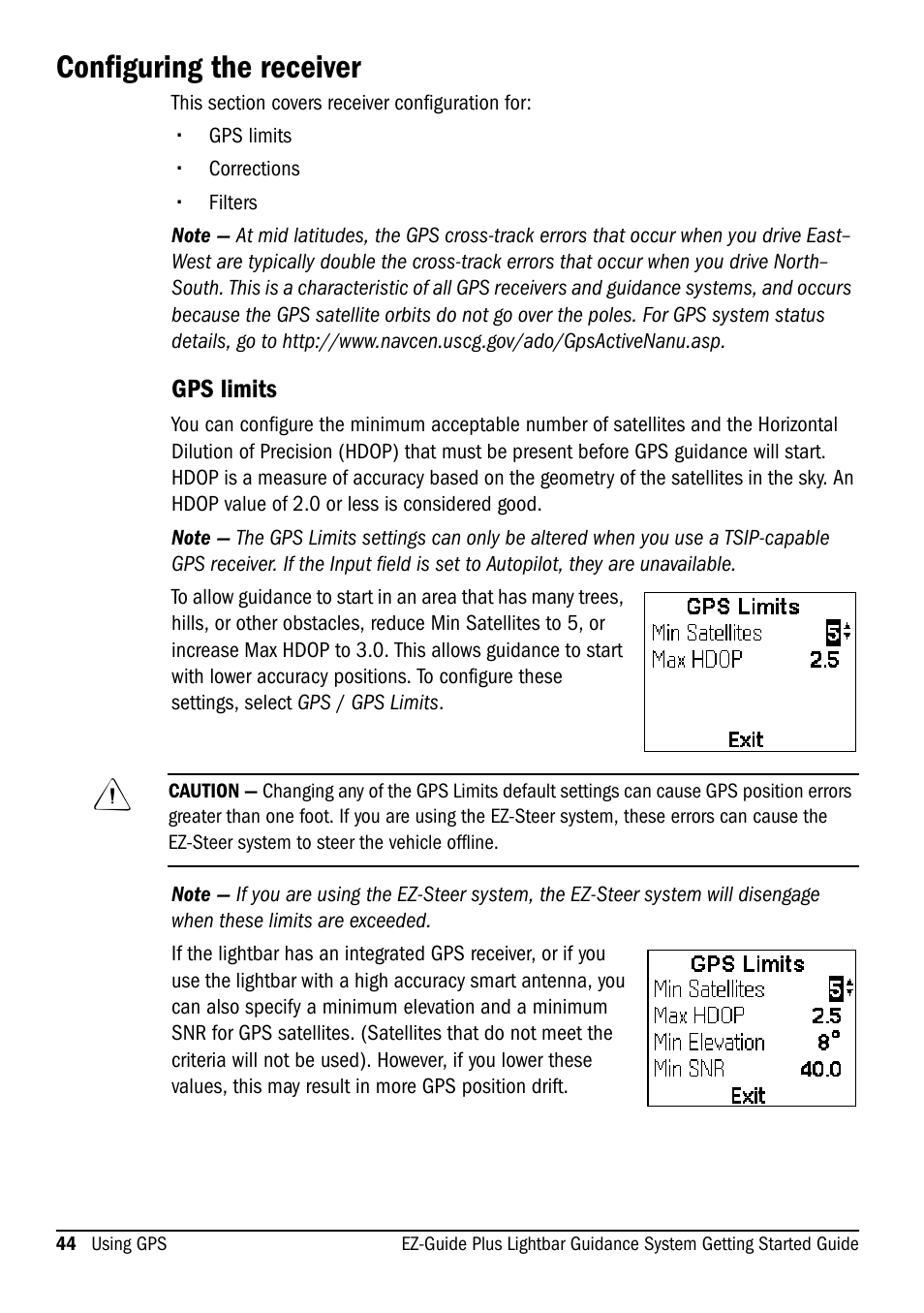 Configuring the receiver, Gps limits | Ag Leader EZ-Guide Plus Getting Started Guide User Manual | Page 46 / 68