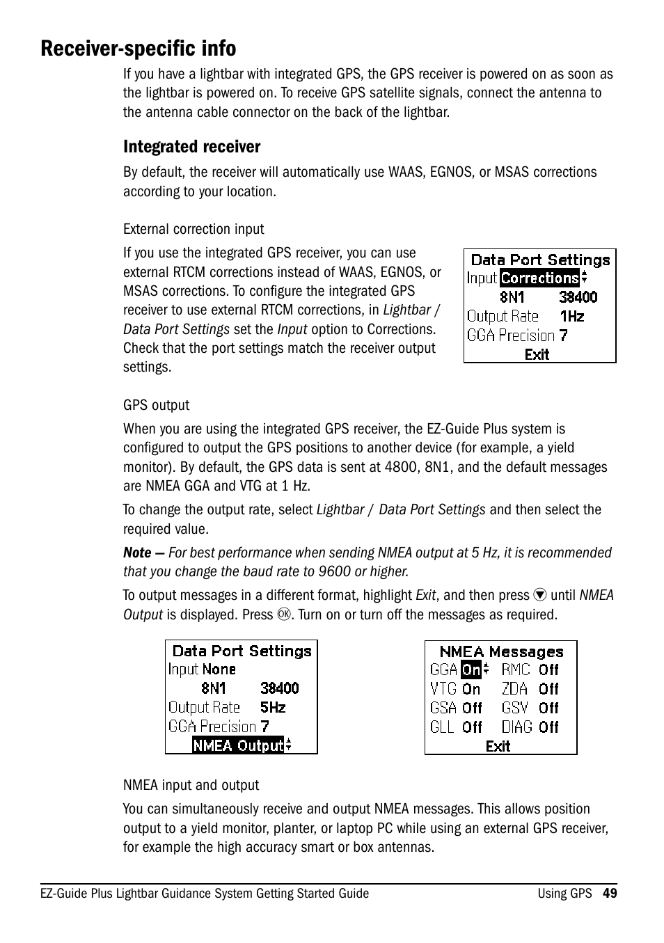 Receiver-specific info, Integrated receiver | Ag Leader EZ-Guide Plus Getting Started Guide User Manual | Page 51 / 68