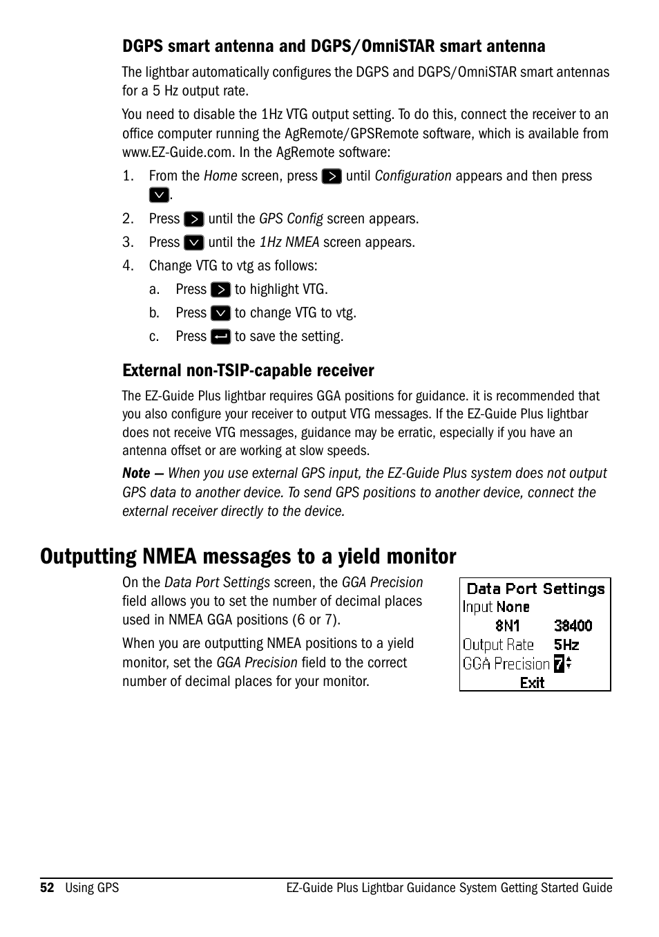 Dgps smart antenna and dgps/omnistar smart antenna, External non-tsip-capable receiver, Outputting nmea messages to a yield monitor | Ag Leader EZ-Guide Plus Getting Started Guide User Manual | Page 54 / 68